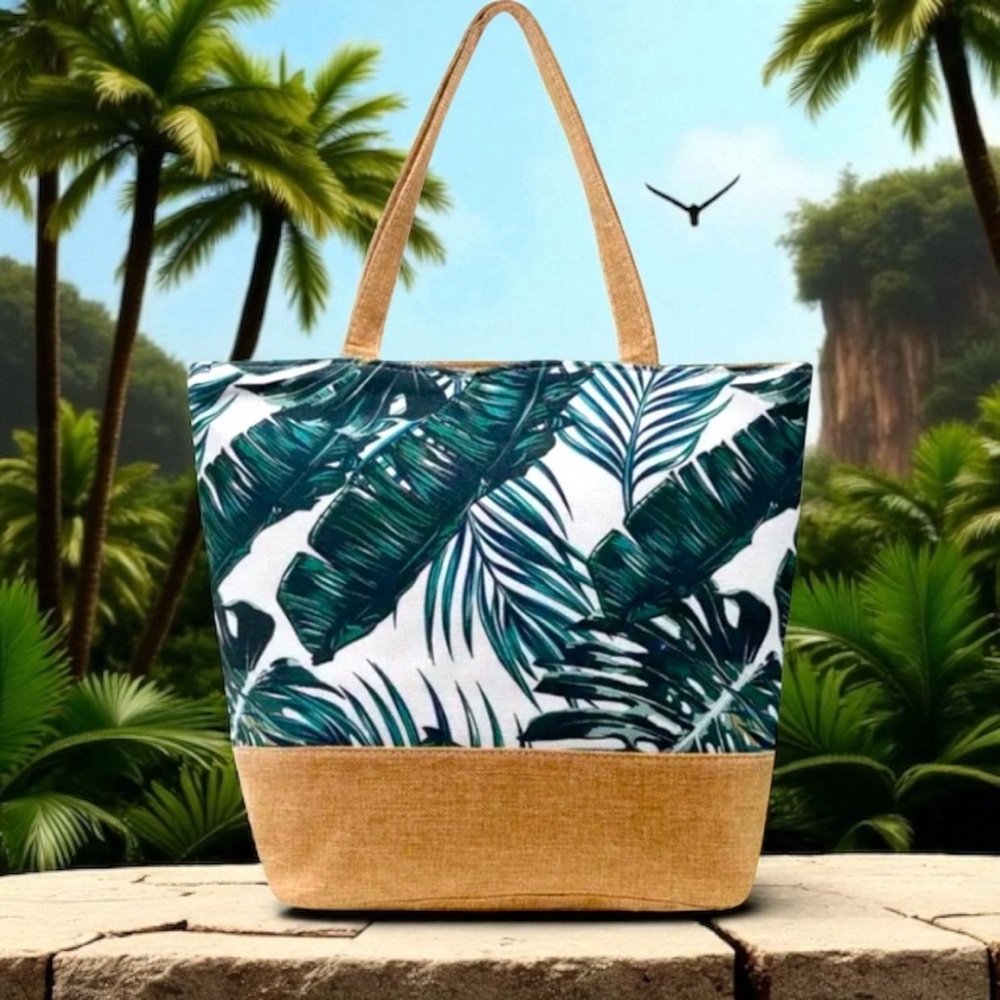 Palm‎ Leaf Botanical TOTE with zip closure that is lightweight and foldable. - Picture 8 of 8